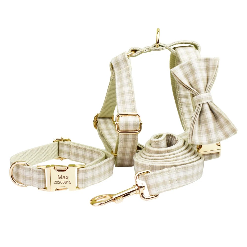 Petspuff Personalised Designer Plaid Dog Collar, Harness & Lead Set – Engraved Name Tag & Bow | Style 31