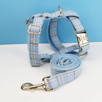 Petspuff Personalised Check Plaid Dog Collar & Lead Set – Engraved Name Tag, Bow & Harness