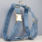 Petspuff Personalised Blue Denim Cotton Dog Collar, Harness & Lead Set – Engraved Name Tag & Bow
