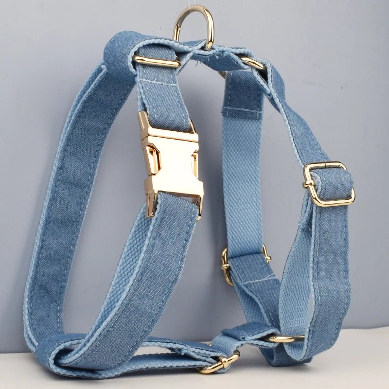 Petspuff Personalised Blue Denim Cotton Dog Collar, Harness & Lead Set – Engraved Name Tag & Bow