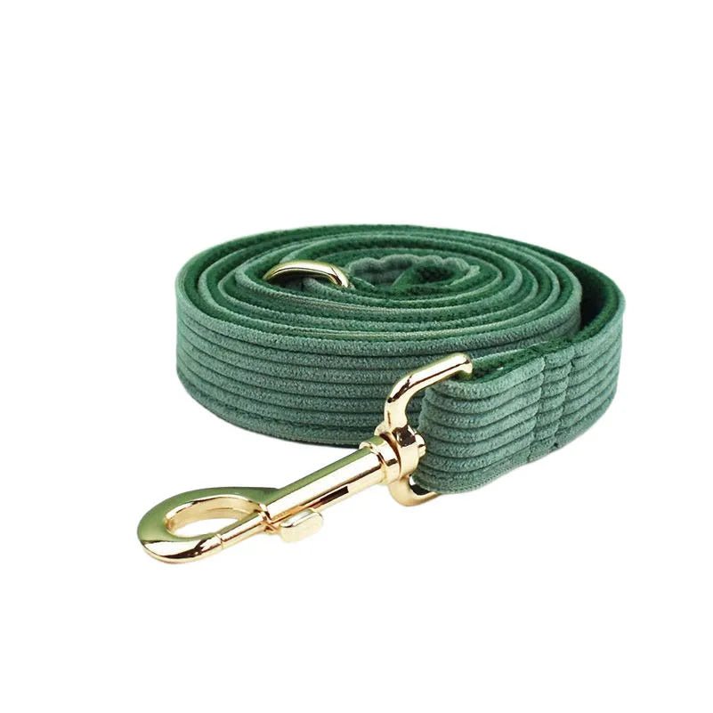 Petspuff Personalised Dark Green Corduroy Dog Collar & Lead Set – Engraved Name Tag, Bow & Harness - Petspuff