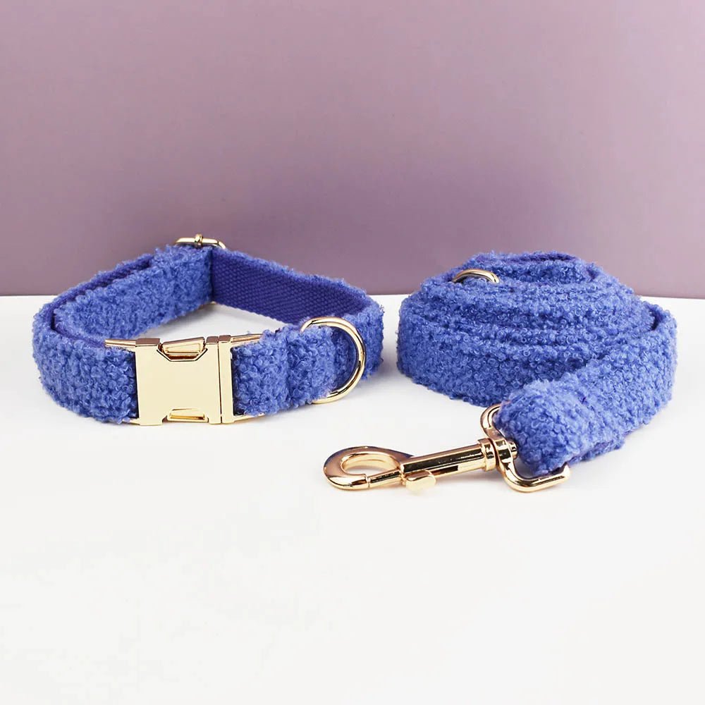 Petspuff Personalised Teddy Velvet Dog Collar, Harness & Lead Set – Engraved Name Tag & Bow | Style 08 - Petspuff