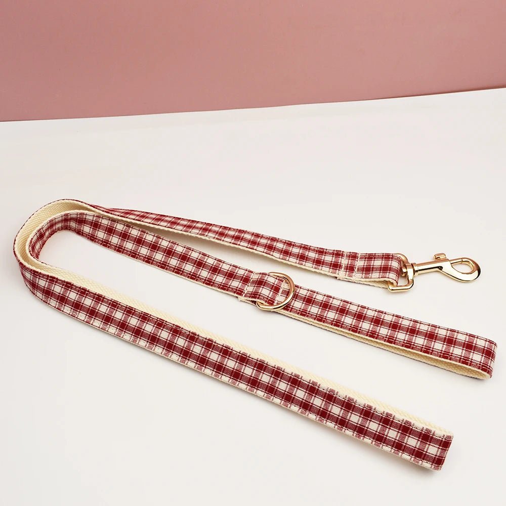 Petspuff Personalised Red Plaid Dog Collar, Harness & Lead Set – Engraved Name Tag & Bow | Christmas