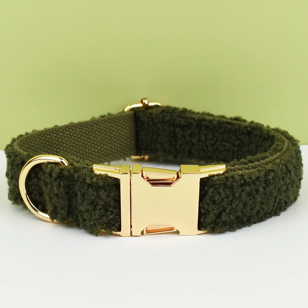 Petspuff Personalised Army Green Teddy Fleece Dog Collar & Lead Set – Engraved Name Tag | Christmas - Petspuff