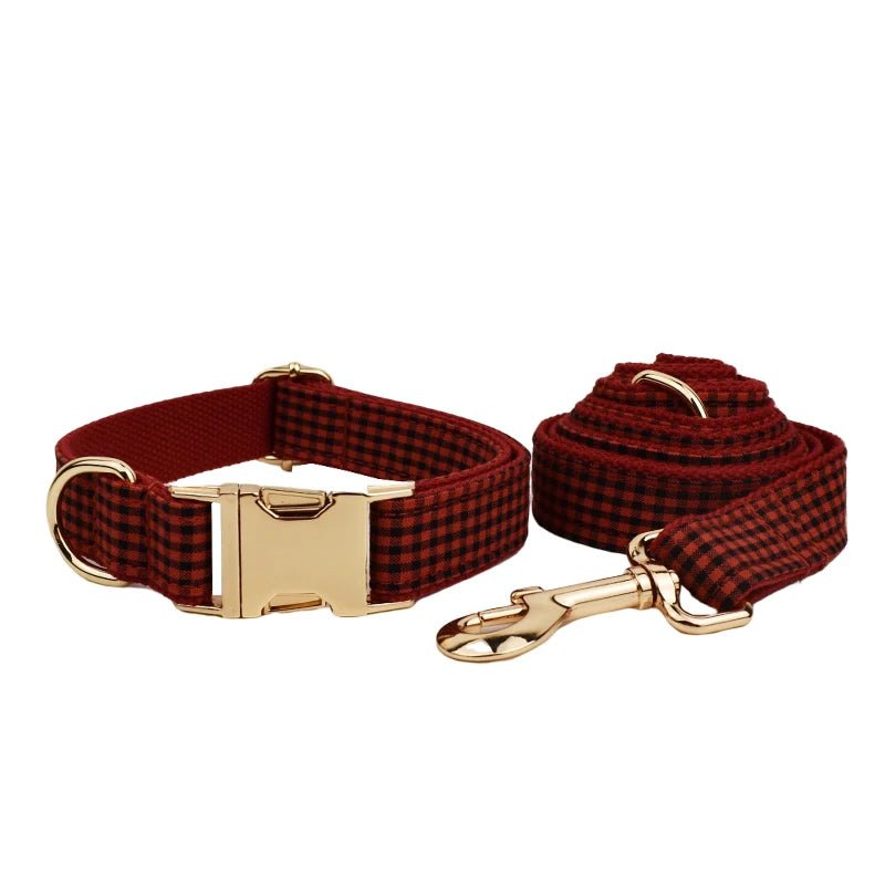 Petspuff Personalised Grey Check Dog Collar & Lead Set – Engraved Name Tag, Bow & Harness - Petspuff