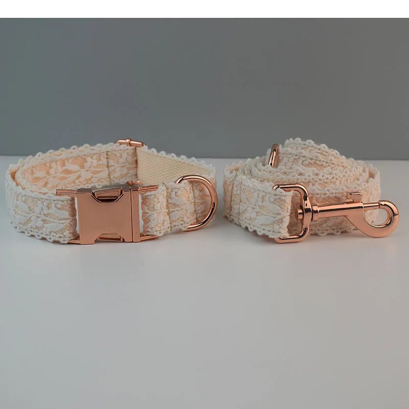 Petspuff Personalised Lace Dog Collar & Lead – Gold or Rose Gold, Engraved Nameplate | Wedding