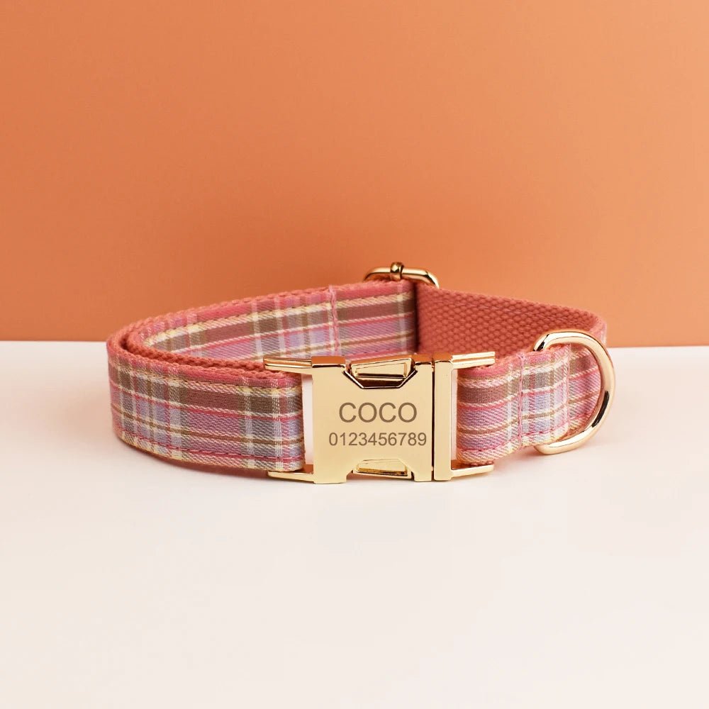 Petspuff Personalised Plaid Dog Collar & Lead Set – Engraved Name Tag, Bow & Harness Options