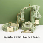 Petspuff Personalised Lime Green Dog Collar, Harness & Lead Set – Engraved Nameplate & Bow