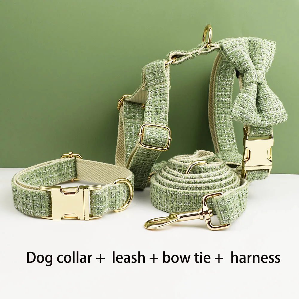 Petspuff Personalised Lime Green Dog Collar, Harness & Lead Set – Engraved Nameplate & Bow