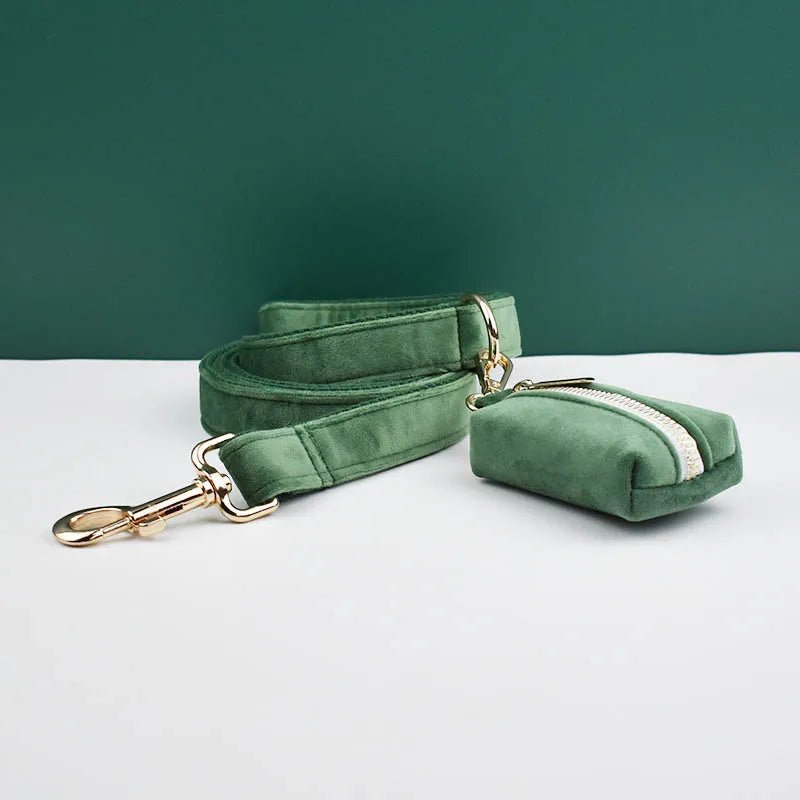 Petspuff Personalised Forest Green Velvet Dog Collar & Lead Set – Engraved Name Tag, Bow & Harness - Petspuff