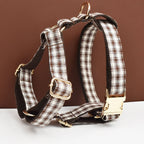 Petspuff Personalised Coffee Plaid Dog Collar, Harness & Lead Set – Engraved Name Tag & Bow