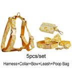 Petspuff Personalised Banana Print Dog Collar, Harness & Lead Set – Engraved Name Tag & Bow