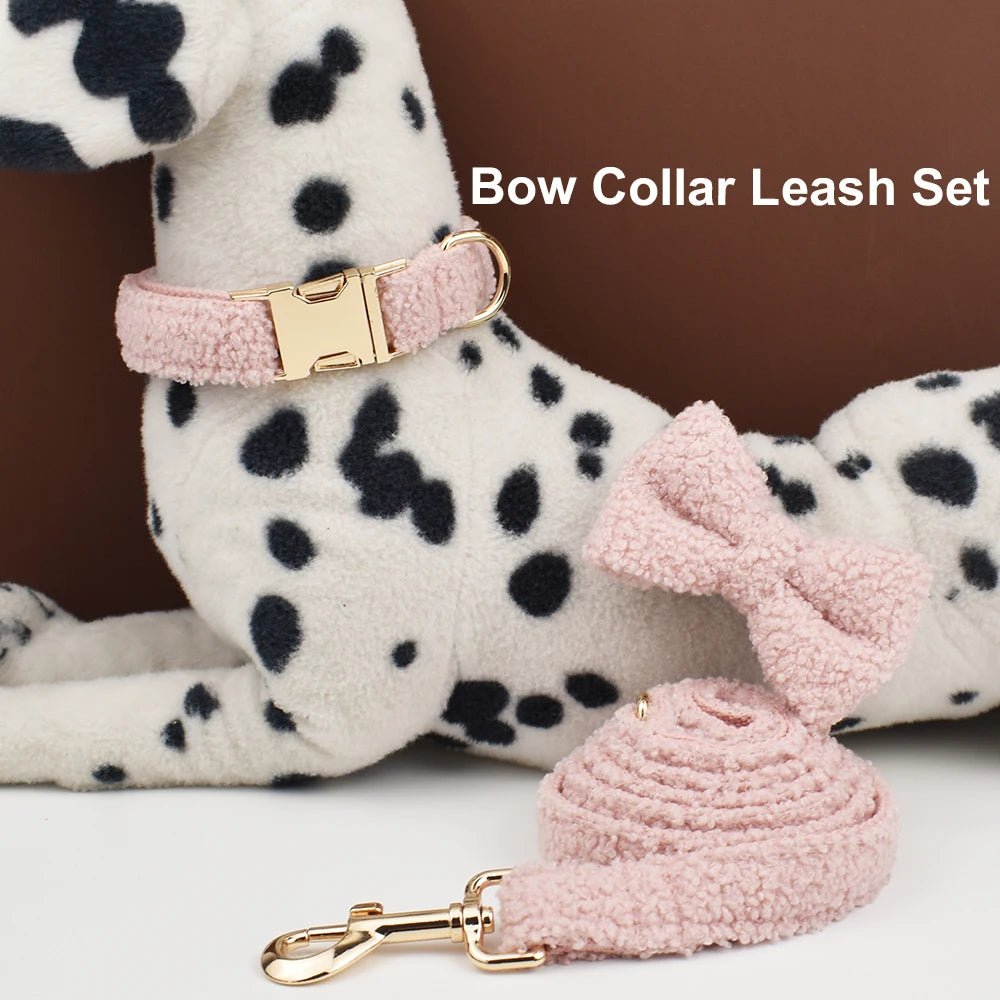 Petspuff Personalised Teddy Fleece Dog Collar & Lead Set – Engraved Name Tag, Harness | 4 Colours - Petspuff
