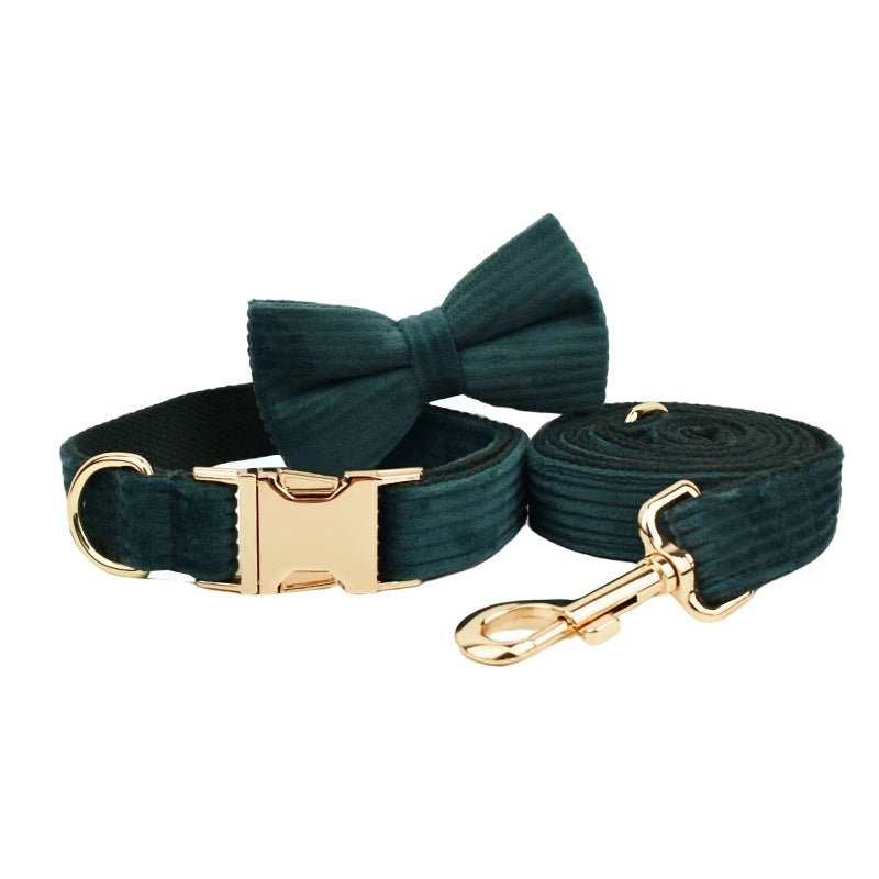 Petspuff Personalised Forest Green Corduroy Dog Collar & Lead Set – Engraved Name Tag, Bow & Harness - Petspuff