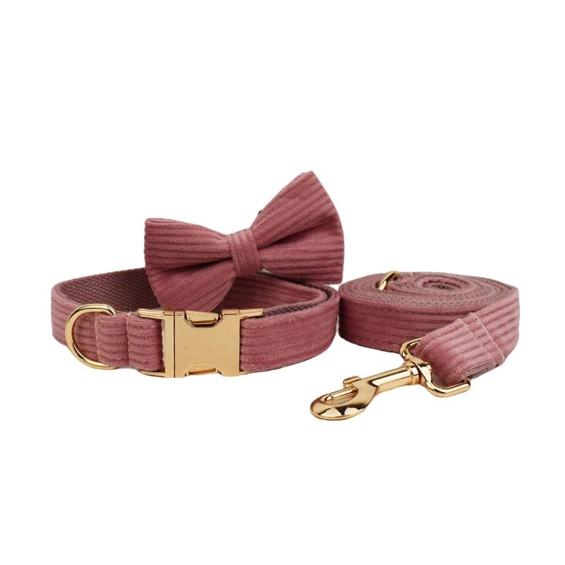 Petspuff Personalised Nude Pink Corduroy Dog Collar & Lead Set – Engraved Name Tag, Bow & Harness