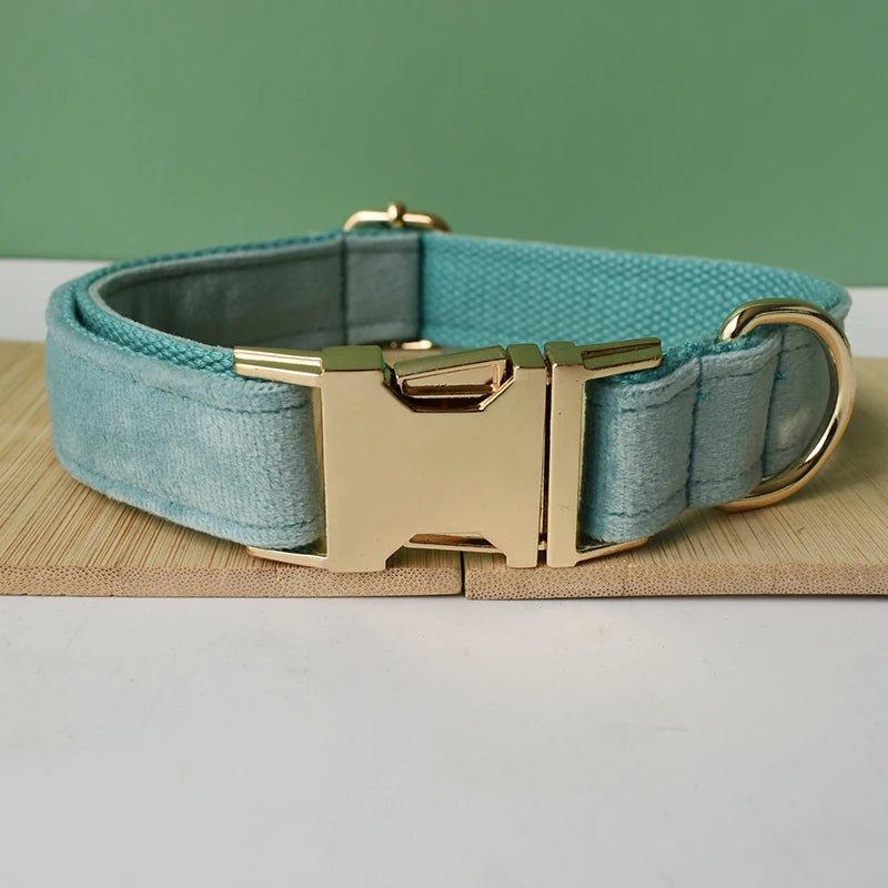Petspuff Personalised Emerald Green Velvet Dog Collar & Lead with Bow – Engraved Name Tag | S–XL