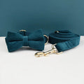 Petspuff Personalised Velvet Dog Collar with Gold Buckle, Bow Tie & Lead – Engraved Name Tag