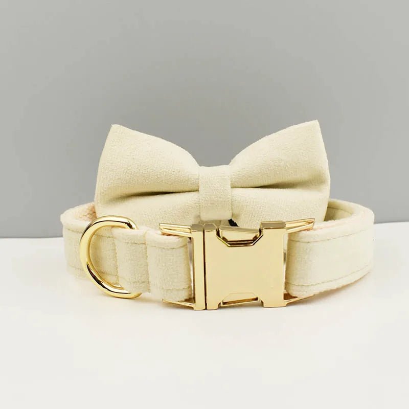 Petspuff Personalised Velvet Dog Collar with Gold Buckle, Bow Tie & Lead – Engraved Name Tag