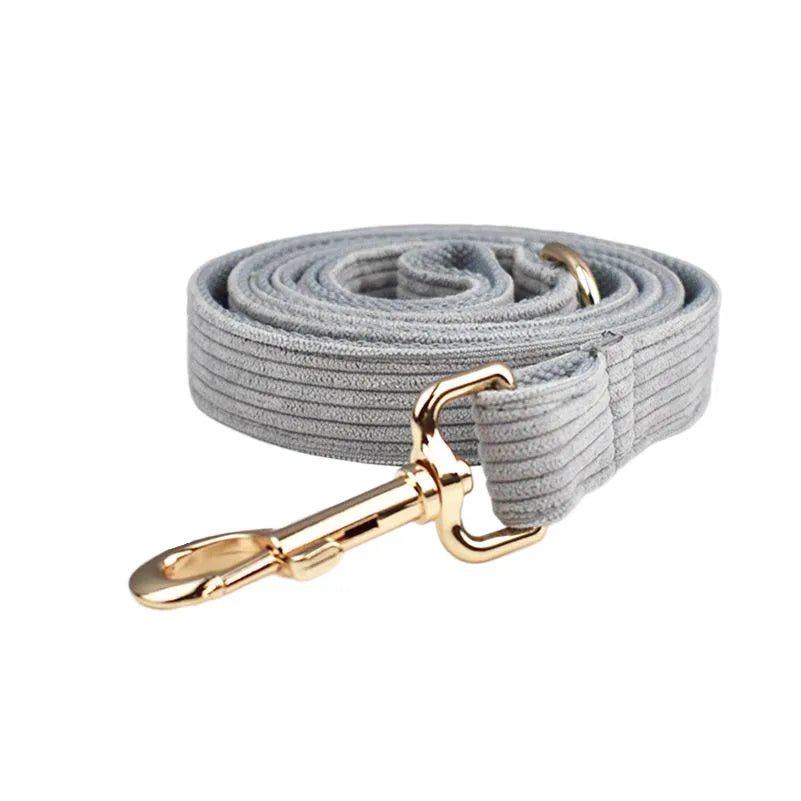 Petspuff Personalised Light Grey Corduroy Dog Collar & Lead Set – Engraved Name Tag, Bow & Harness