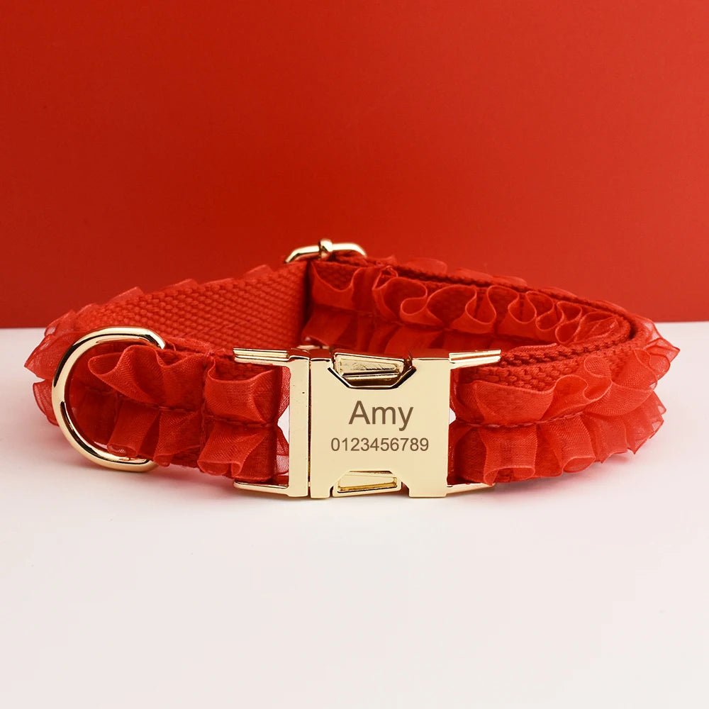Petspuff Personalised Red Lace Wedding Dog Collar, Harness & Lead – Engraved Nameplate | 3-Piece Set