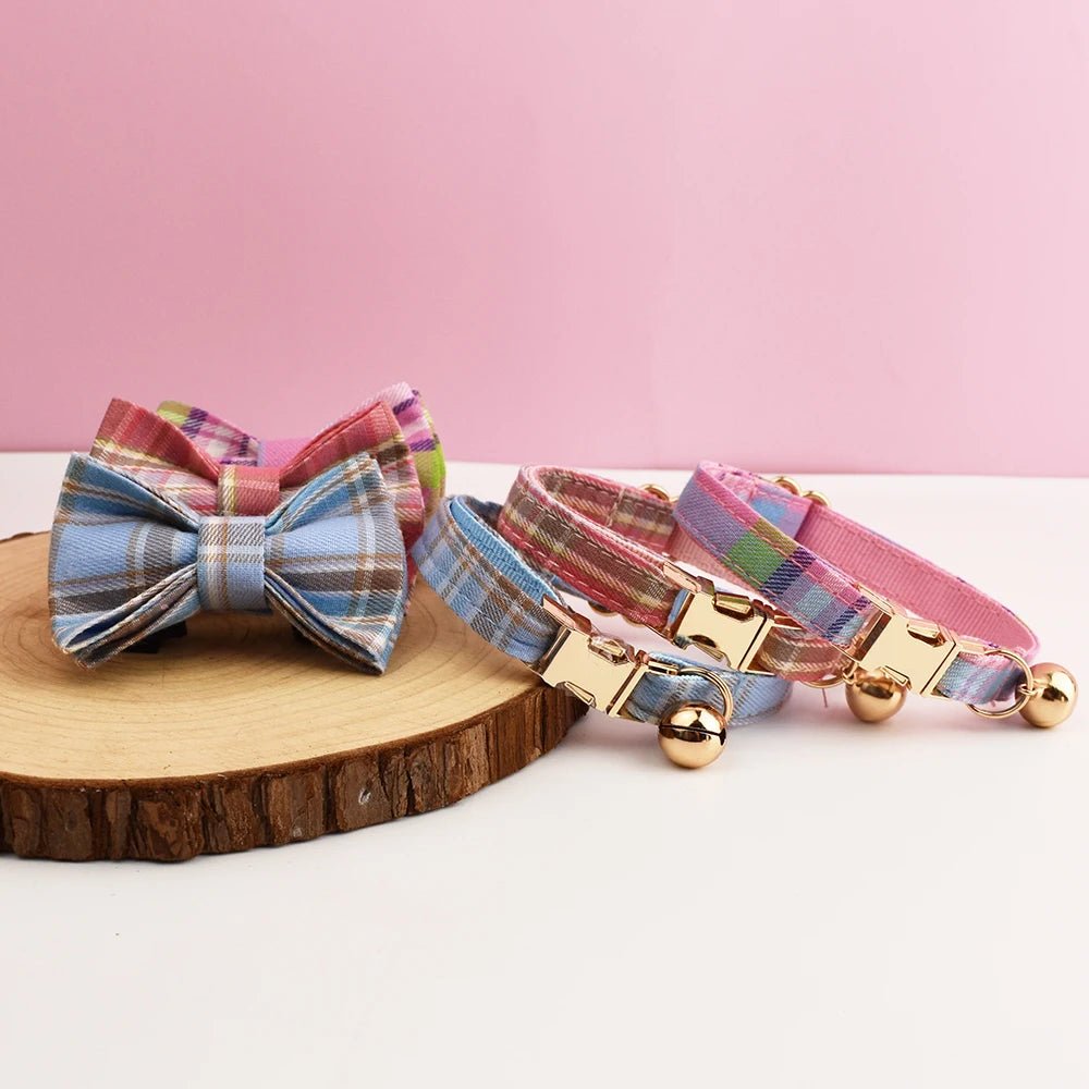 Petspuff Personalised Plaid Cat Collar with Bow Tie – Adjustable Safety Buckle & Name Tag