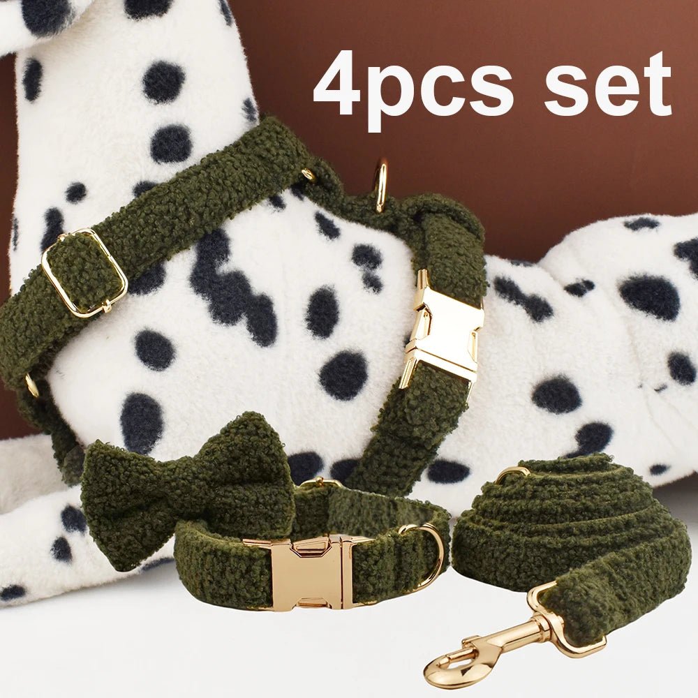 Petspuff Personalised Teddy Fleece Dog Collar & Lead Set – Engraved Name Tag, Harness | 4 Colours - Petspuff