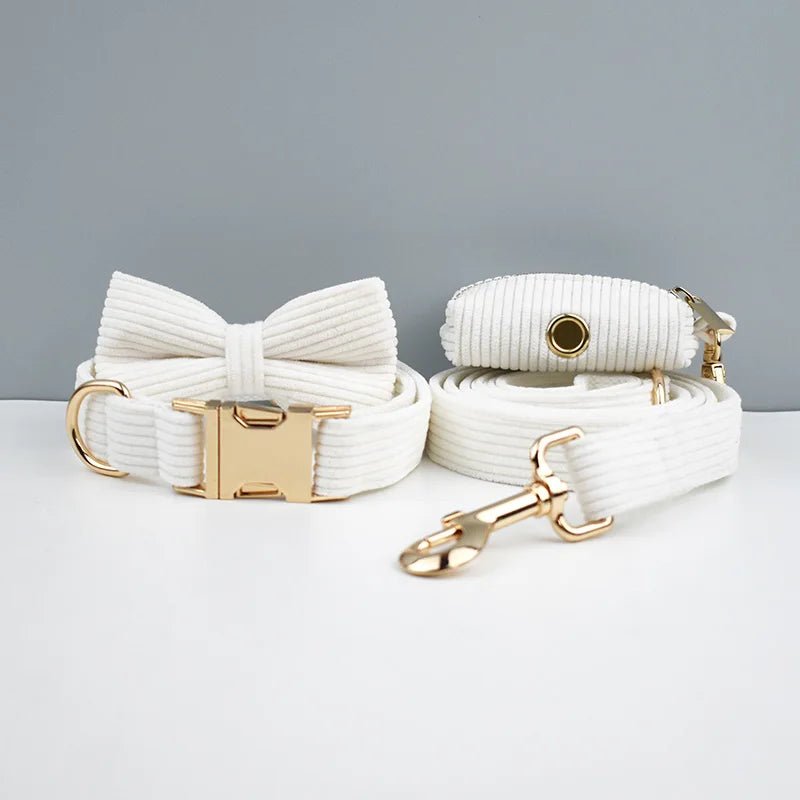 Petspuff Personalised White Corduroy Dog Collar & Lead Set – Engraved Name Tag, Bow & Harness