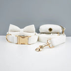 Petspuff Personalised White Corduroy Dog Collar & Lead Set – Engraved Name Tag, Bow & Harness