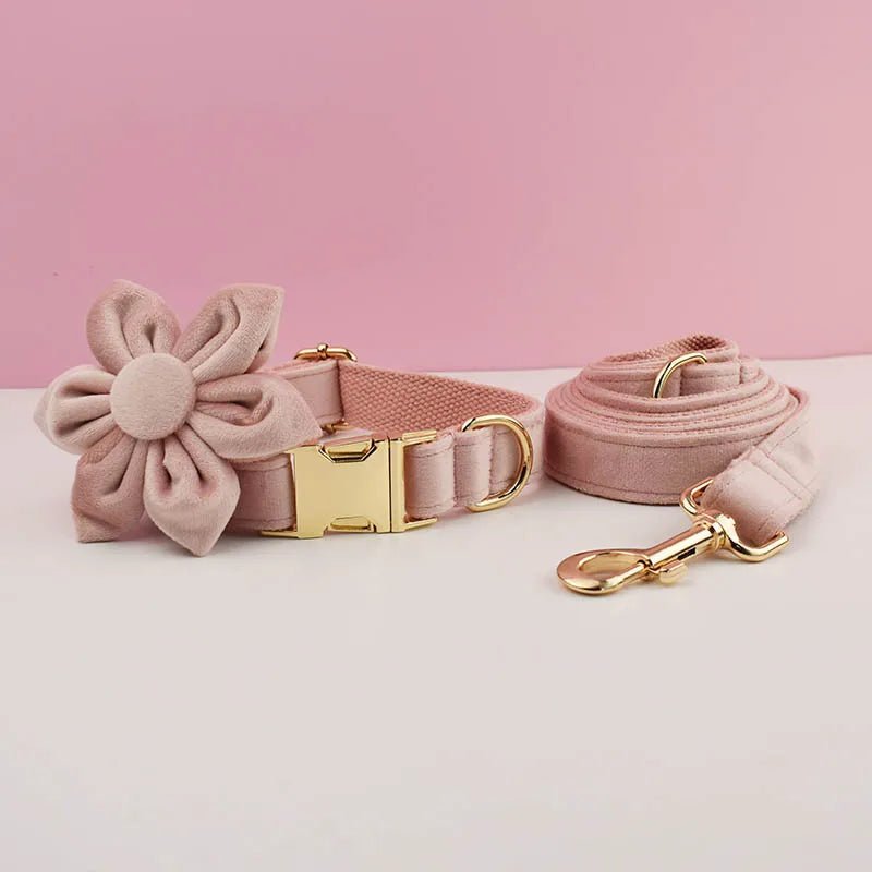 Petspuff Personalised Pale Pink Velvet Dog Collar & Lead Set – Engraved Name Tag, Bow & Harness