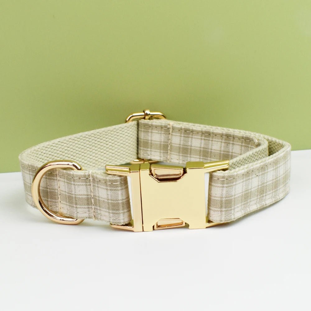 Petspuff Personalised Designer Plaid Dog Collar, Harness & Lead Set – Engraved Name Tag & Bow | Style 31