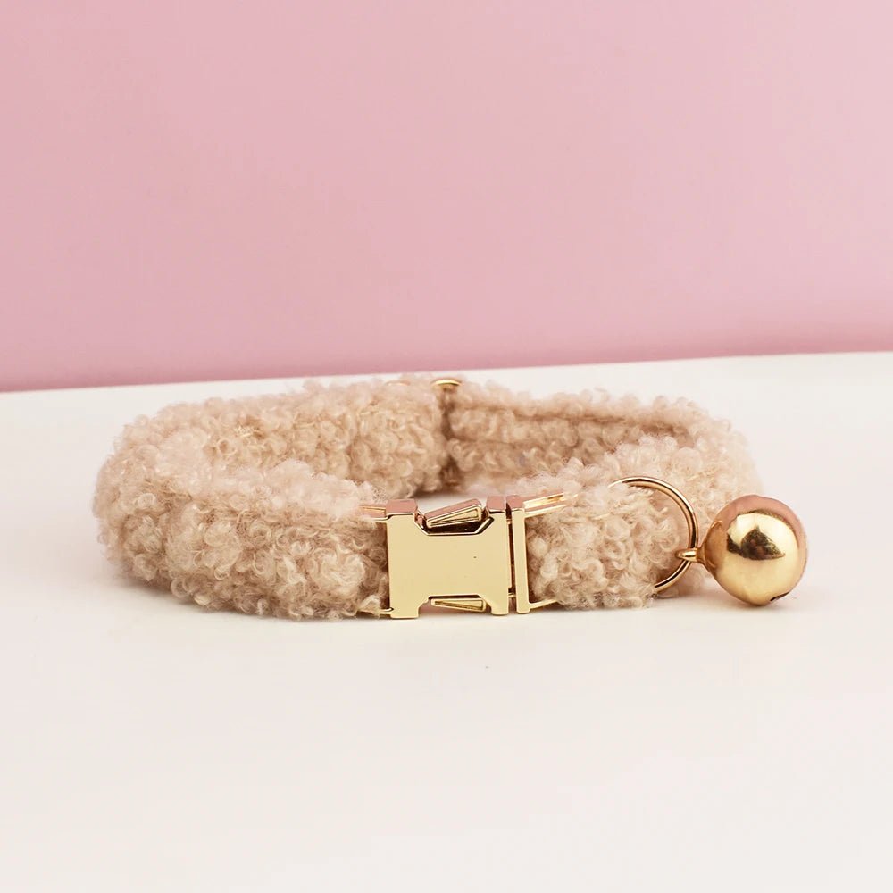 Petspuff Personalised Teddy Fleece Cat Collar with Bell & Bow Tie – Engraved Name Tag