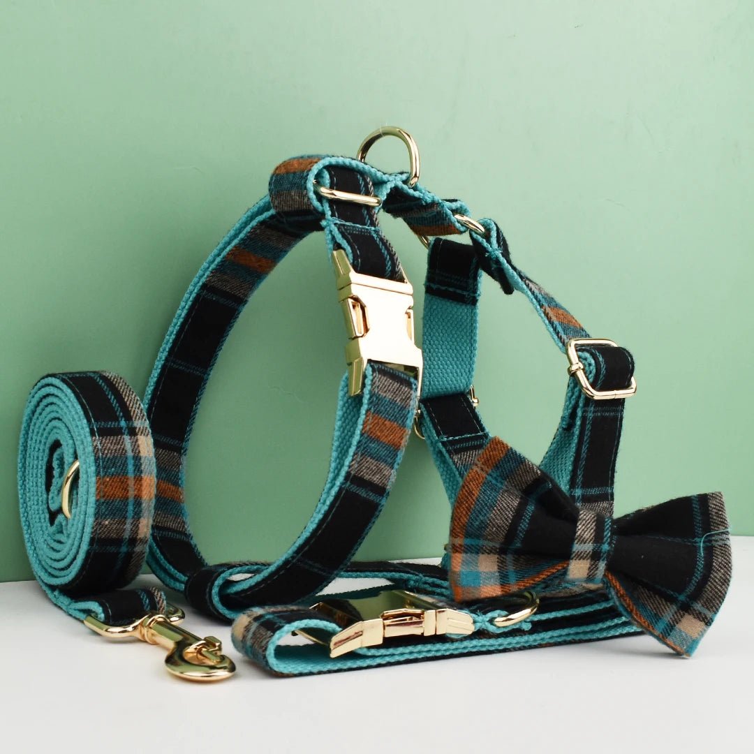 Petspuff Plaid Dog Collar, Harness & Lead Set with Bow – 4-Piece Walking Set | XS–XL