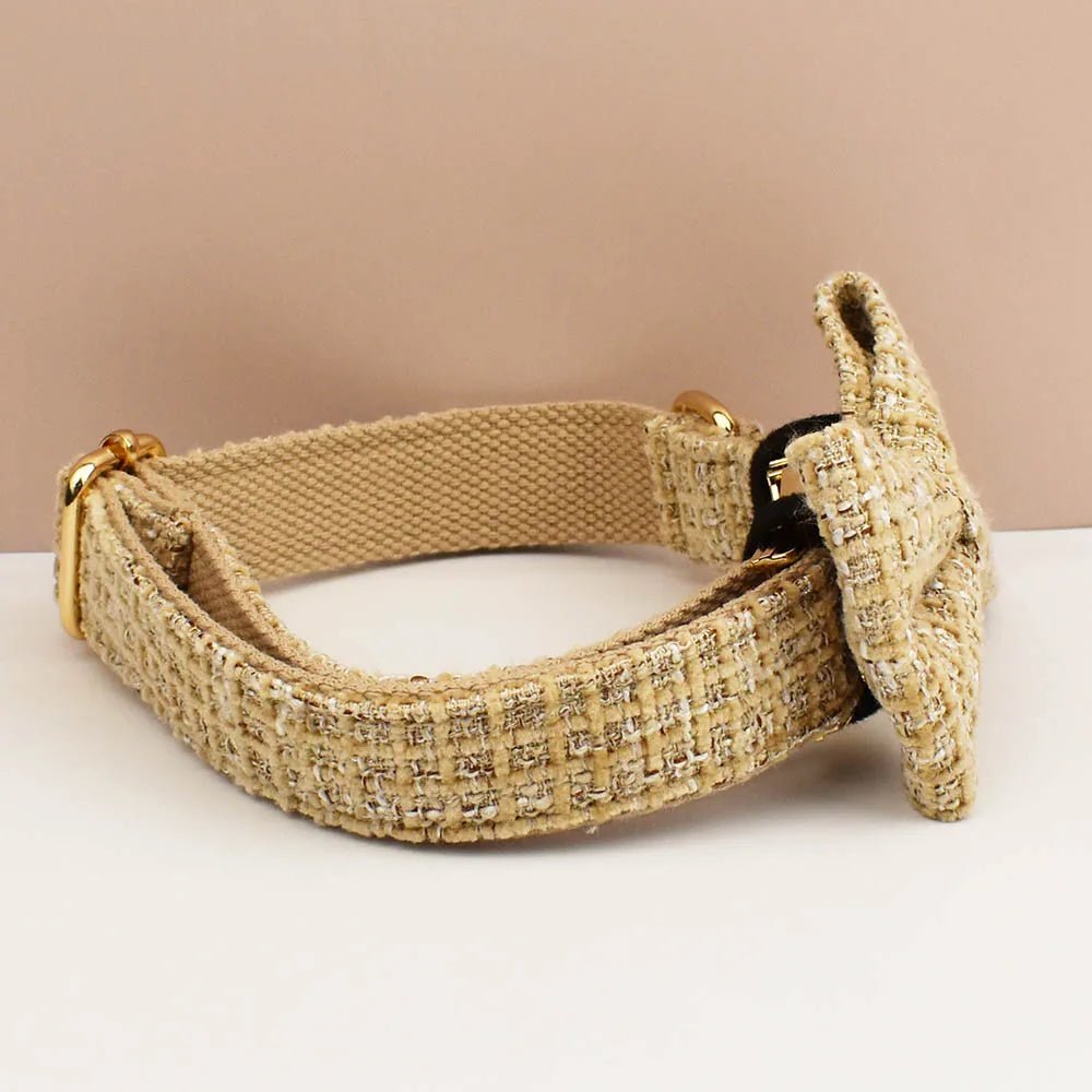 Petspuff Personalised Light Khaki Dog Collar, Harness & Lead Set – Engraved Nameplate & Bow