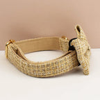 Petspuff Personalised Light Khaki Dog Collar, Harness & Lead Set – Engraved Nameplate & Bow