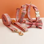 Petspuff Personalised Plaid Dog Collar & Lead Set – Engraved Name Tag, Bow & Harness Options