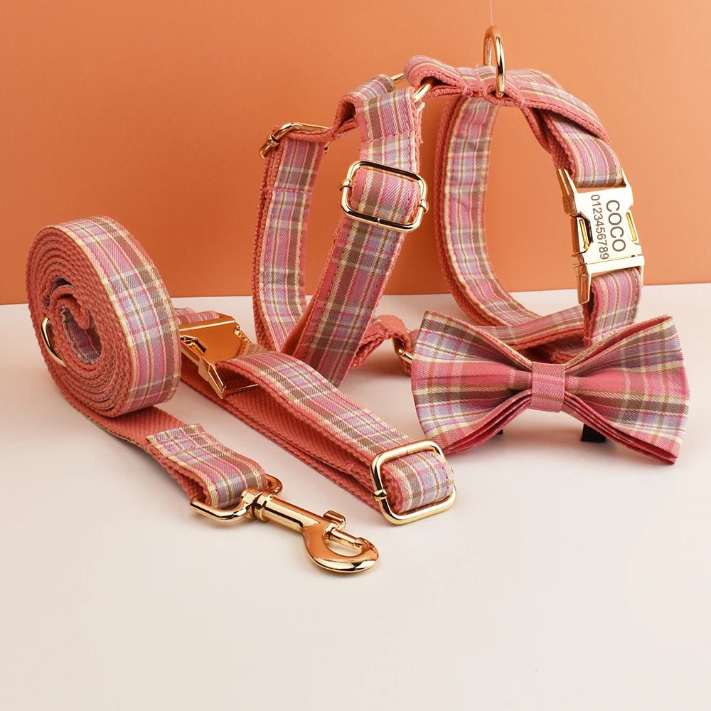 Petspuff Personalised Plaid Dog Collar & Lead Set – Engraved Name Tag, Bow & Harness Options