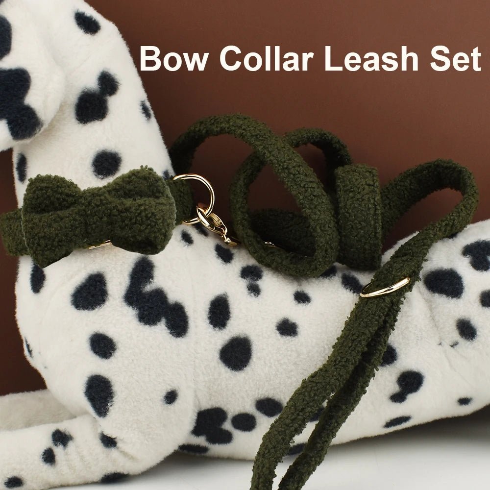 Petspuff Personalised Teddy Fleece Dog Collar & Lead Set – Engraved Name Tag, Harness | 4 Colours - Petspuff