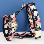 Petspuff Personalised Floral Cotton Dog Collar, Harness & Lead Set – Engraved Name Tag & Bow | Style 03