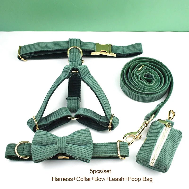 Petspuff Personalised Dark Green Corduroy Dog Collar & Lead Set – Engraved Name Tag, Bow & Harness - Petspuff