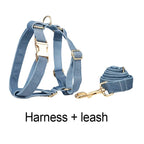 Petspuff Personalised Blue Denim Cotton Dog Collar, Harness & Lead Set – Engraved Name Tag & Bow