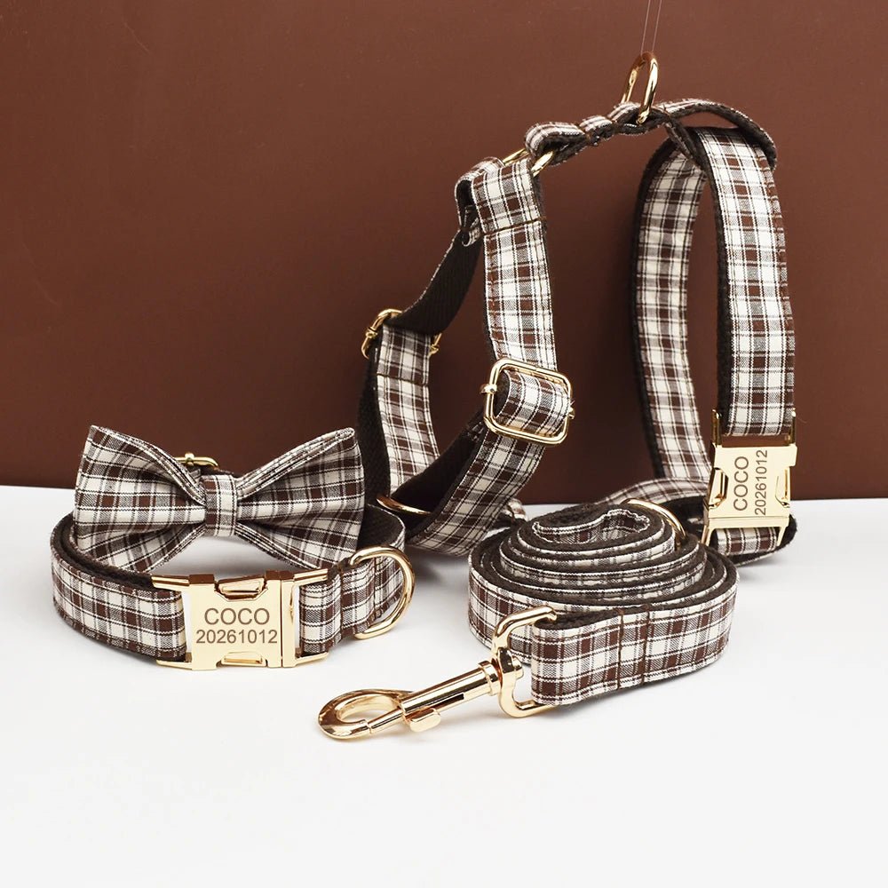 Petspuff Personalised Coffee Plaid Dog Collar, Harness & Lead Set – Engraved Name Tag & Bow