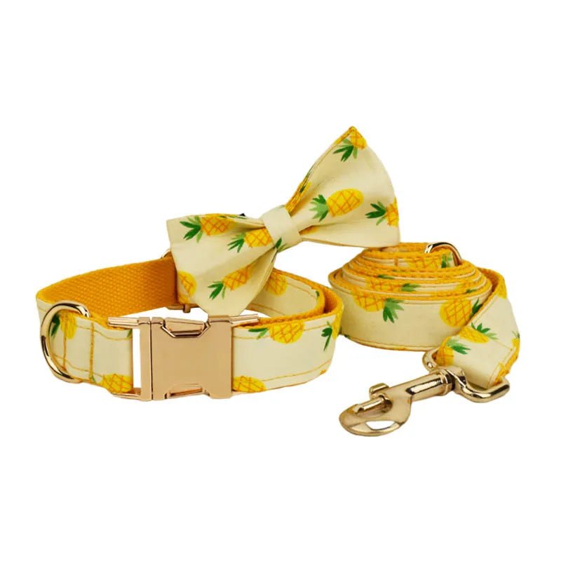 Petspuff Personalised Pineapple Print Dog Collar, Harness & Lead Set – Engraved Name Tag & Bow - Petspuff