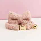 Petspuff Personalised Teddy Fleece Cat Collar with Bell & Bow Tie – Engraved Name Tag