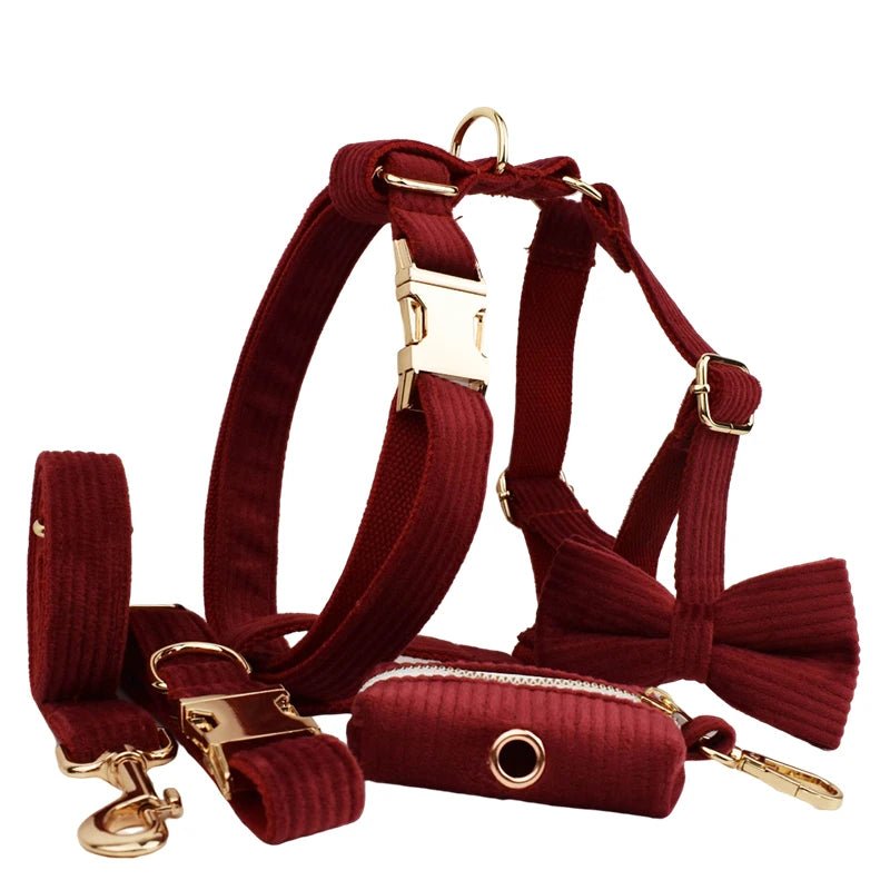 Petspuff Personalised Wine Red Corduroy Dog Collar & Lead Set – Engraved Name Tag, Bow & Harness
