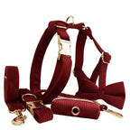 Petspuff Personalised Wine Red Corduroy Dog Collar & Lead Set – Engraved Name Tag, Bow & Harness