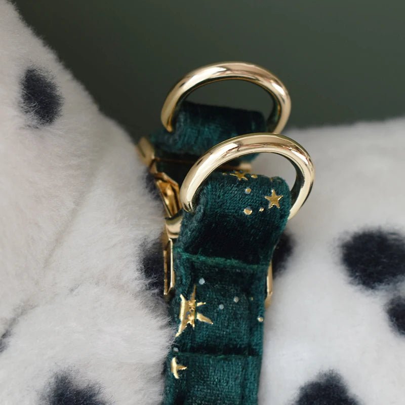 Petspuff Personalised Green Velvet Dog Harness & Lead – Engraved ID Tag, Gold Hardware & Bow - Petspuff