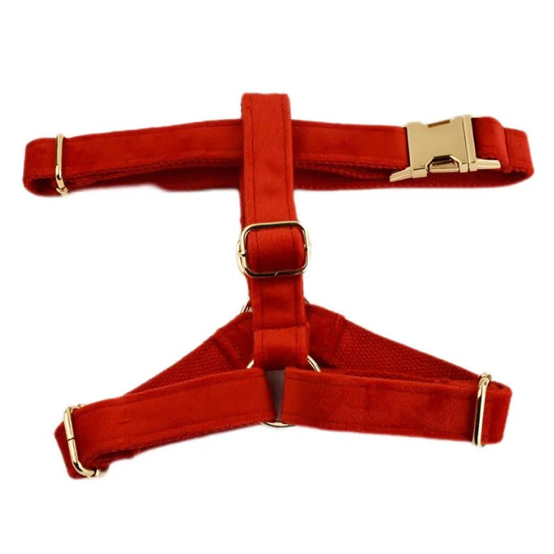 Petspuff Personalised Red Velvet Dog Collar & Lead Set – Engraved Name Tag, Bow & Harness - Petspuff