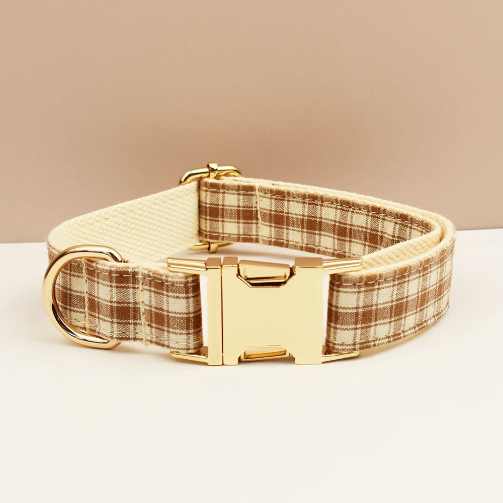 Petspuff Personalised Plaid Dog Collar, Harness & Lead Set – Engraved Nameplate & Bow | XS–XL