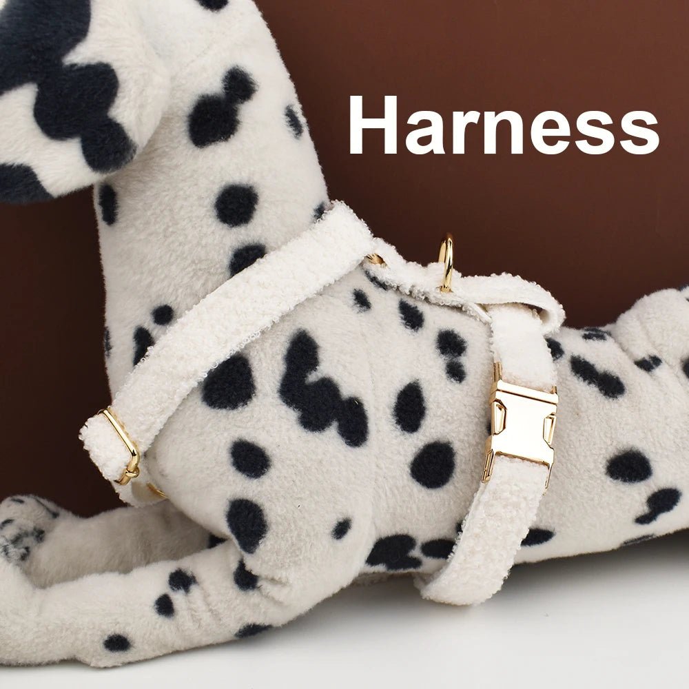 Petspuff Personalised Teddy Fleece Dog Collar & Lead Set – Engraved Name Tag, Harness | 4 Colours - Petspuff