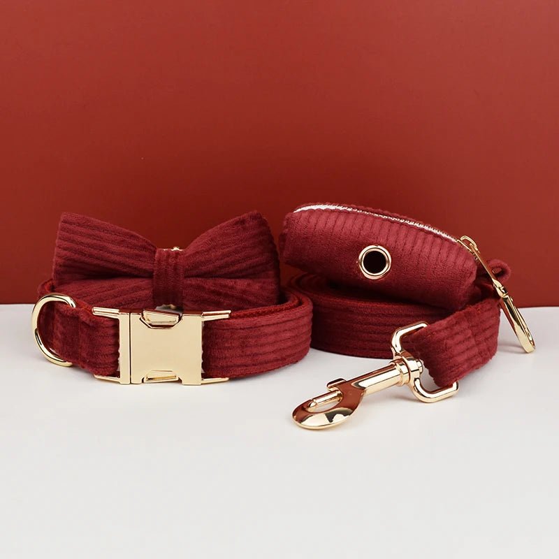 Petspuff Personalised Burgundy Corduroy Dog Collar, Harness & Lead Set – Engraved Name Tag & Poop Bag Holder - Petspuff